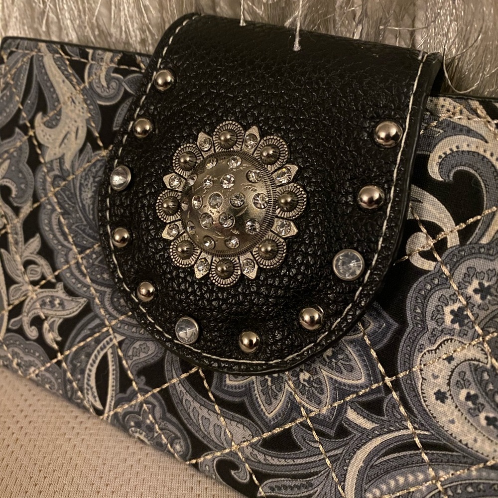 Studded Blue Paisley Quilted Embellished Wallet Clutch | Western Boho Rhinestone - Picture 3 of 6